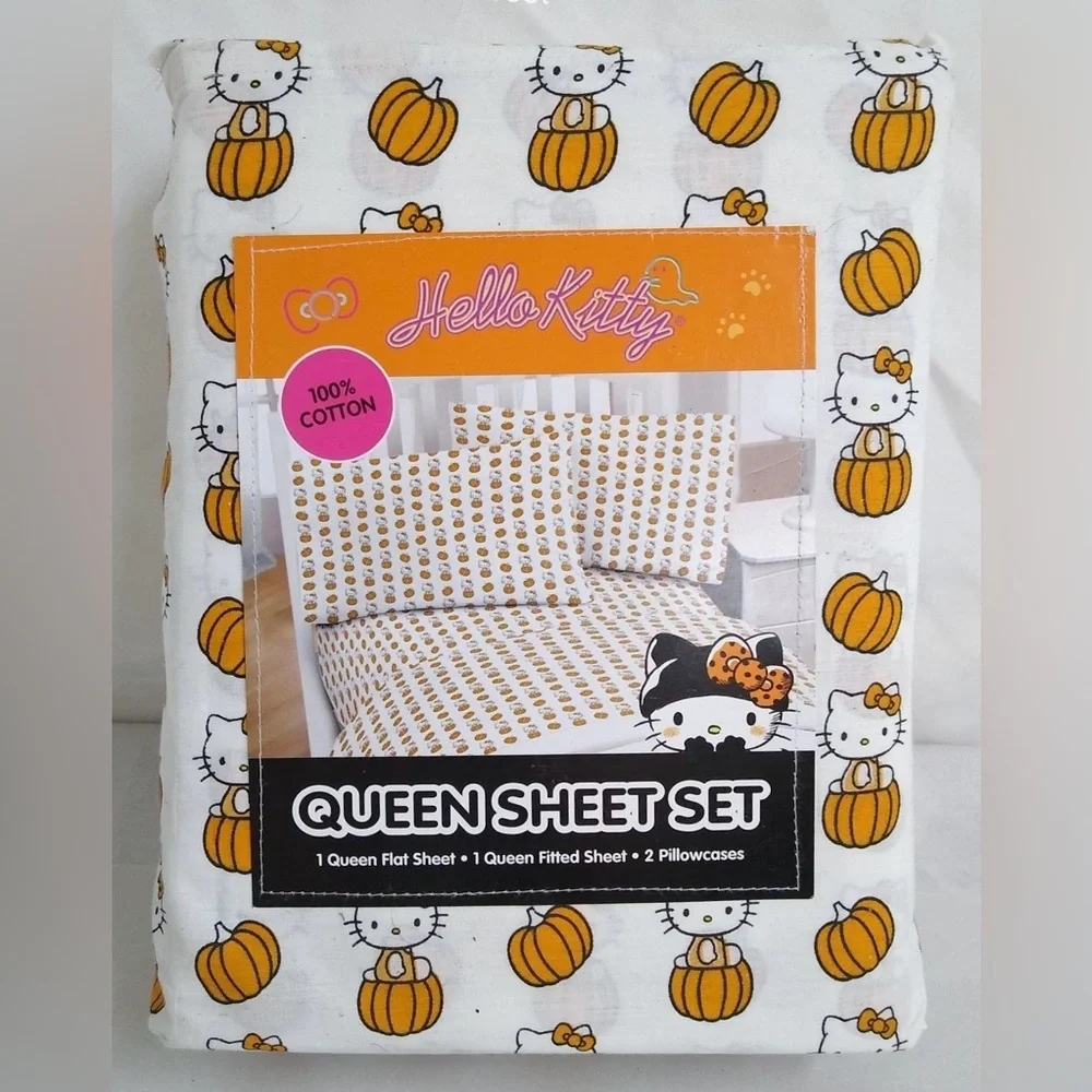 NEW Hello Kitty Halloween Queen Cotton Sheet Set - White w/ Pumpkins Cozy Soft
